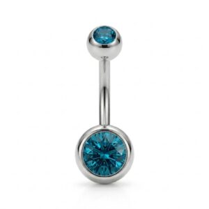 piercing plateado con doble strass celeste para ombligo de acero quirurgico