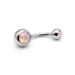 piercing plateado con doble strass opalina rosa para ombligo, de acero quirurgico