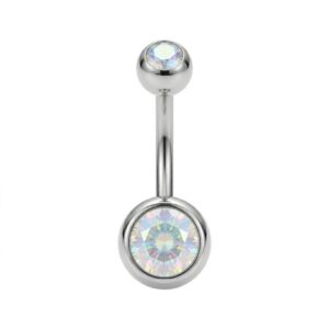 piercing moon plateado con dos strass tornasol de acero quirurgico, para ombligo