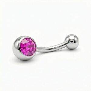 piercing moon plateado con strass fucsia para ombligo, de acero quirugico